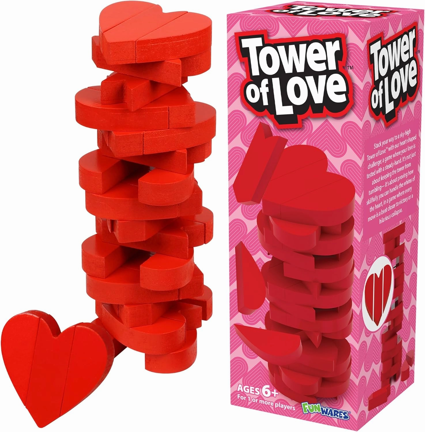 Funwares Wooden Blocks Stacking Game, Tumbling Tower and Balance Game, Family & Party Fun, Game for Kids and Adults, Ages 6 ,The Enchanting Heart-Shaped Wood Blocks Stacking Game