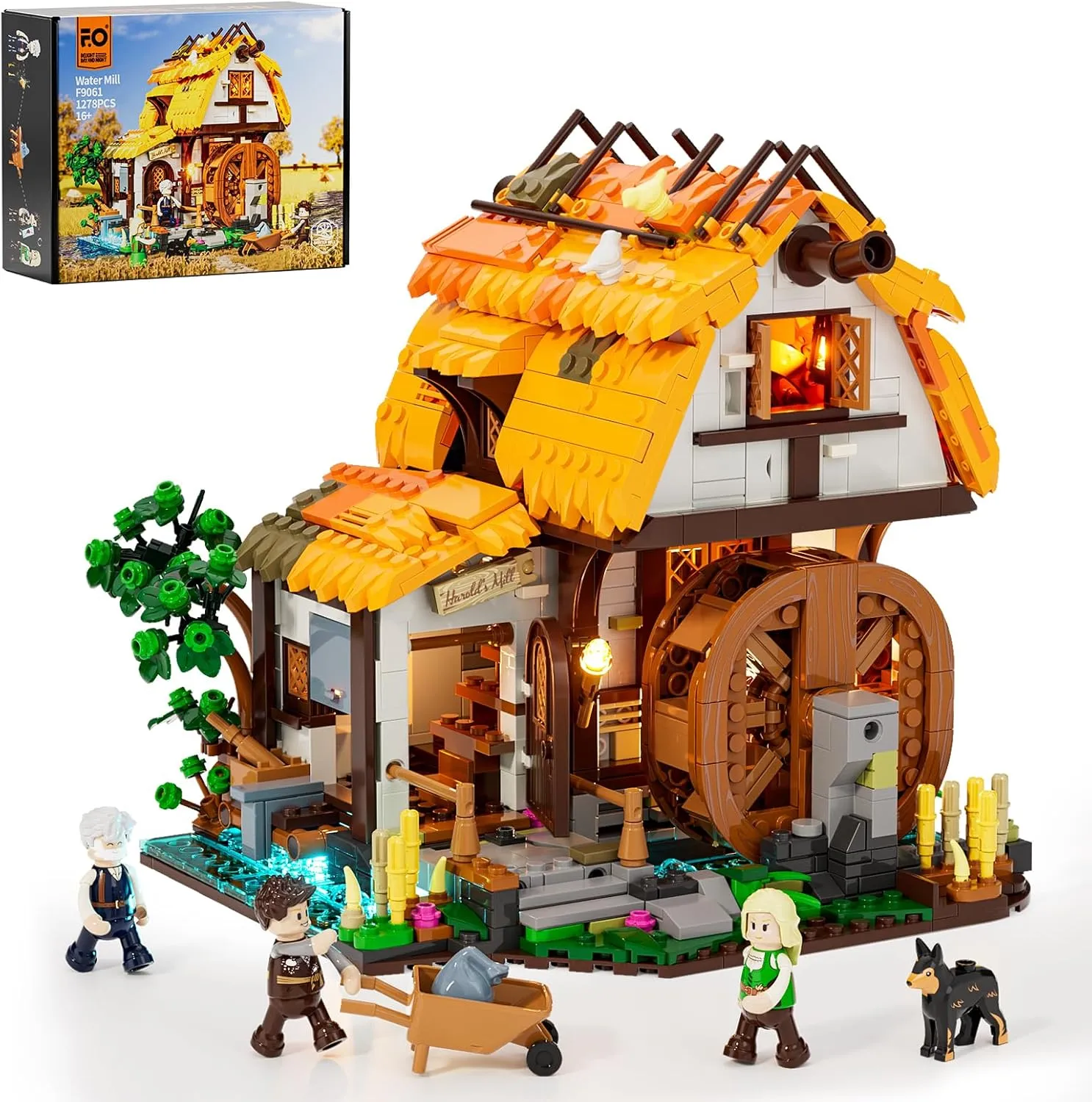 FUNWHOLE Medieval Water-Mill Lighting Building-Bricks Set - Middle Age Milling House Collection LED Light Building Construction Model Sets 1278 Pcs for Adults and Teen