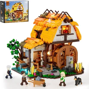 FUNWHOLE Medieval Water-Mill Lighting Building-Bricks Set - Middle Age Milling House Collection LED Light Building Construction Model Sets 1278 Pcs for Adults and Teen