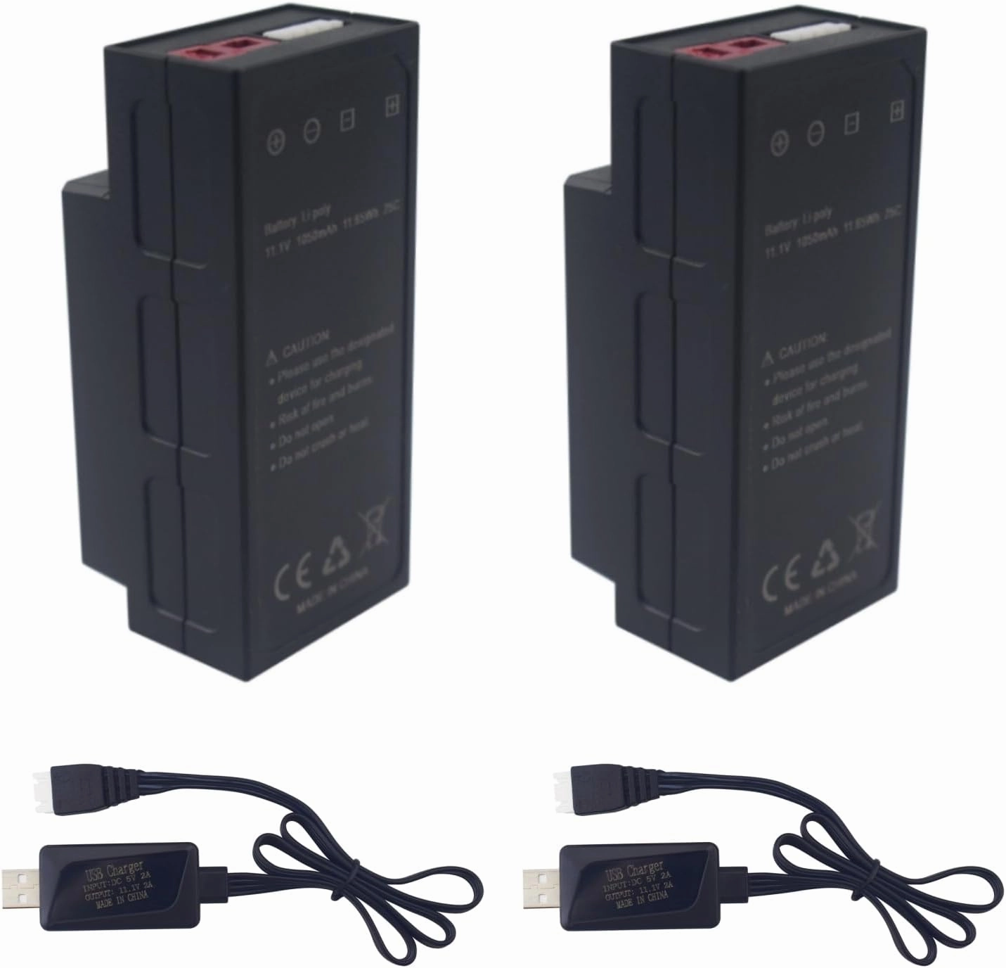 Fytoo 2PCS 11.1V 1050mAh 25C 3S Lithium Battery with T Plug with 2PCS USB Charging Cable for MJX H16 H16P H16E H16GT H16BM H16PL 14301 RC Car High Speed Drift Model Toy Car Upgrade Battery