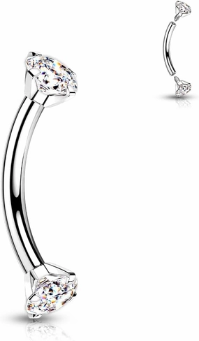 G23 Implant Grade Titanium 16G Internally Threaded 3mm Prong Set Crystal CZ Eyebrow Rings Curved Barbell Bent Piercing Jewelry 8mm 5/16 Inch