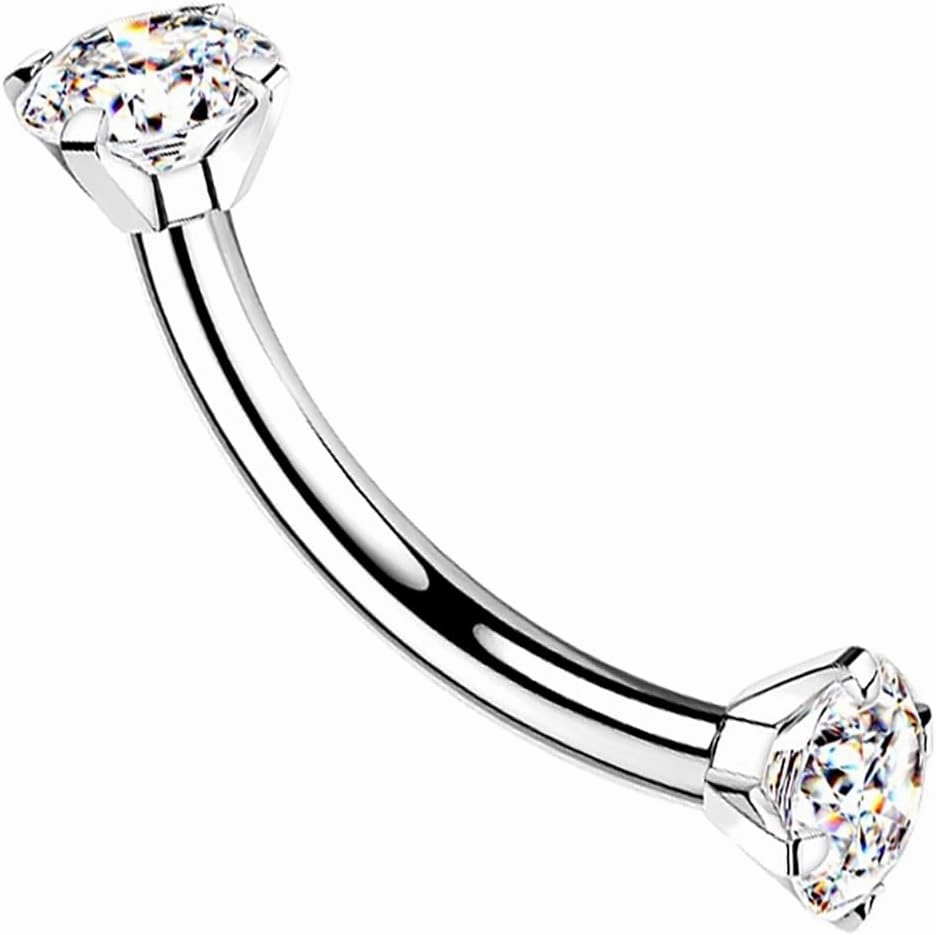 G23 Implant Grade Titanium 16G Internally Threaded 3mm Prong Set Crystal CZ Eyebrow Rings Curved Barbell Bent Piercing Jewelry 8mm 5/16 Inch
