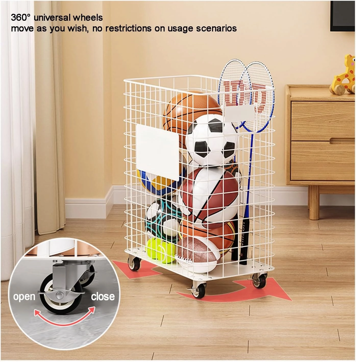 Garage Sports Equipment Organizer,Rolling Ball Cart Storage with Lockable Wheels,for Garage, Volleyball ,Basketball Holder, Toy Balls Bin,Storage Racks, Sports Equipment Organizer,(39*19*65.2cm/15.3*7