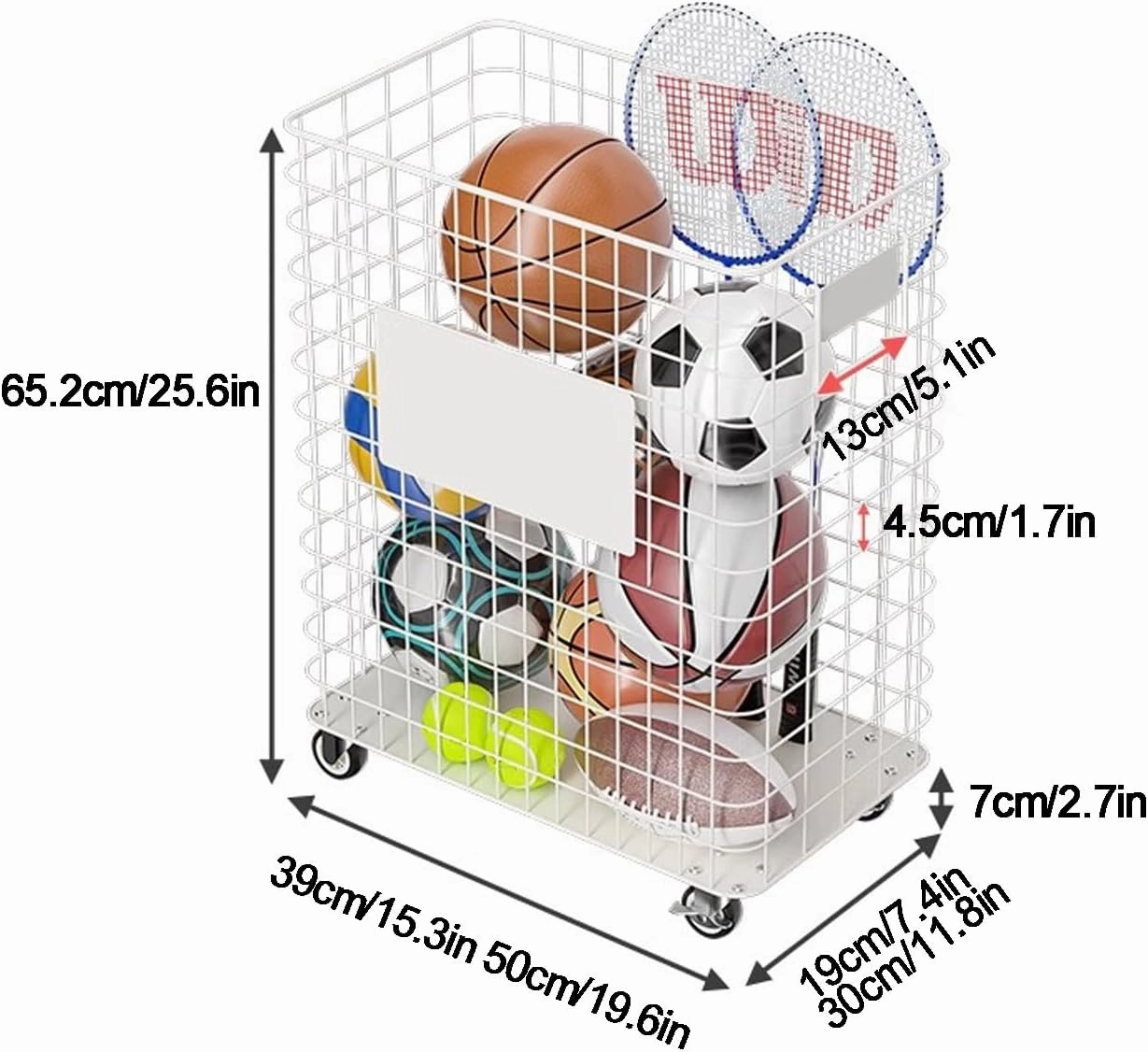 Garage Sports Equipment Organizer,Rolling Ball Cart Storage with Lockable Wheels,for Garage, Volleyball ,Basketball Holder, Toy Balls Bin,Storage Racks, Sports Equipment Organizer,(39*19*65.2cm/15.3*7