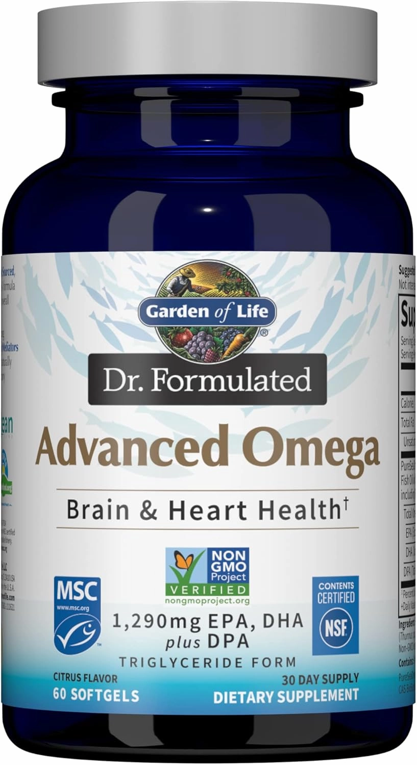 Garden of Life Dr. Formulated Advanced Omega Fish Oil - Lemon, 1,290mg EPA, DHA   DPA in Triglyceride Form, Single Source Omega 3 Supplement for Ultimate Brain & Heart Health, Non-GMO, 60 Softgels