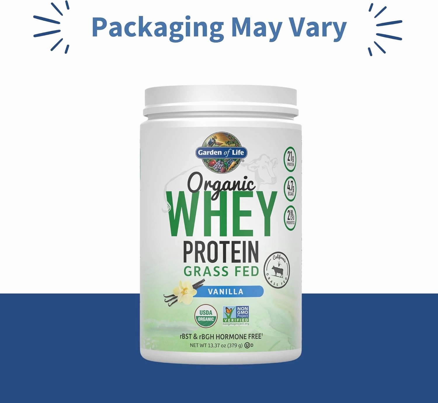 Garden of Life Grass Fed Whey Protein Powder Vanilla - 21g Protein for Women & Men   Probiotics - 12 Servings - Gluten Free, Non GMO, Kosher, Humane, RBST & rBGH Hormone Free