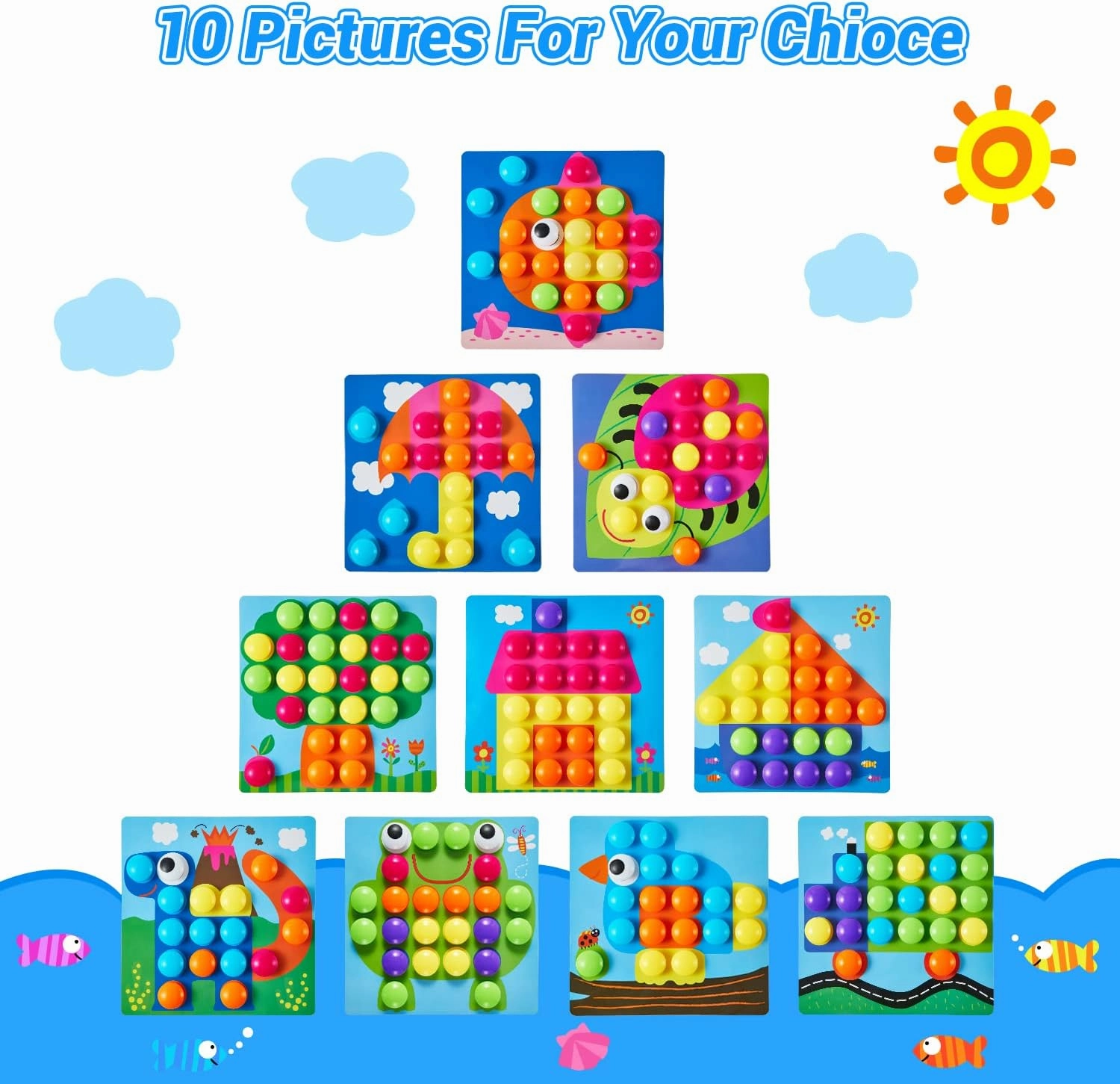 Geekper 68PCS Button Art Toys for Toddlers Color Matching Mosaic Pegboard, Early Learning Educational Toys for 3, 4, 5, 6 Year Old Kids Boys and Girls, 10 Pictures and 58 Buttons