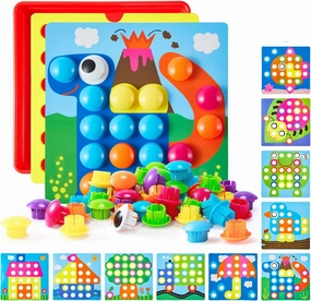 Geekper 68PCS Button Art Toys for Toddlers Color Matching Mosaic Pegboard, Early Learning Educational Toys for 3, 4, 5, 6 Year Old Kids Boys and Girls, 10 Pictures and 58 Buttons