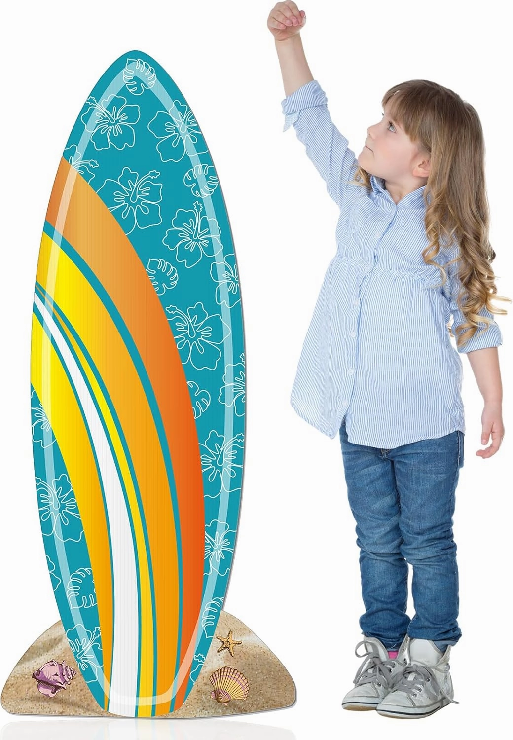 Geelin 47" H Summer Surfboard Cardboard Cutout Stand up Orange and Blue Hawaiian Luau Hibiscus Pattern Surfboard Life Size Photo Props Tropical Party Decoration for Summer Beach Party Supplies