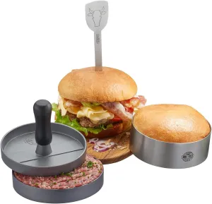 GEFU Barbecue Burger Set: 3-Piece BBQ Burger Set Including Burger Press, Burger Ring and Burger Skewer for Homemade Burger on the Grill - Dishwasher Safe