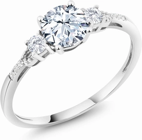 Gem Stone King 10K White Gold White Created Sapphire and White Diamond Accent 3-Stone Engagement Ring For Women (1.14 Cttw, Round 6MM, Gemstone September Birthstone)