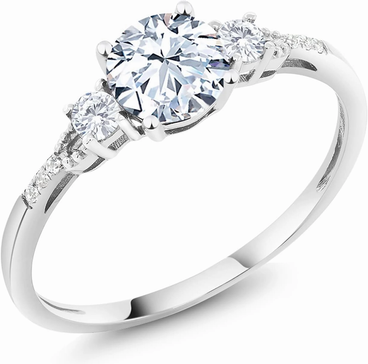 Gem Stone King 10K White Gold White Created Sapphire and White Diamond Accent 3-Stone Engagement Ring For Women (1.14 Cttw, Round 6MM, Gemstone September Birthstone)