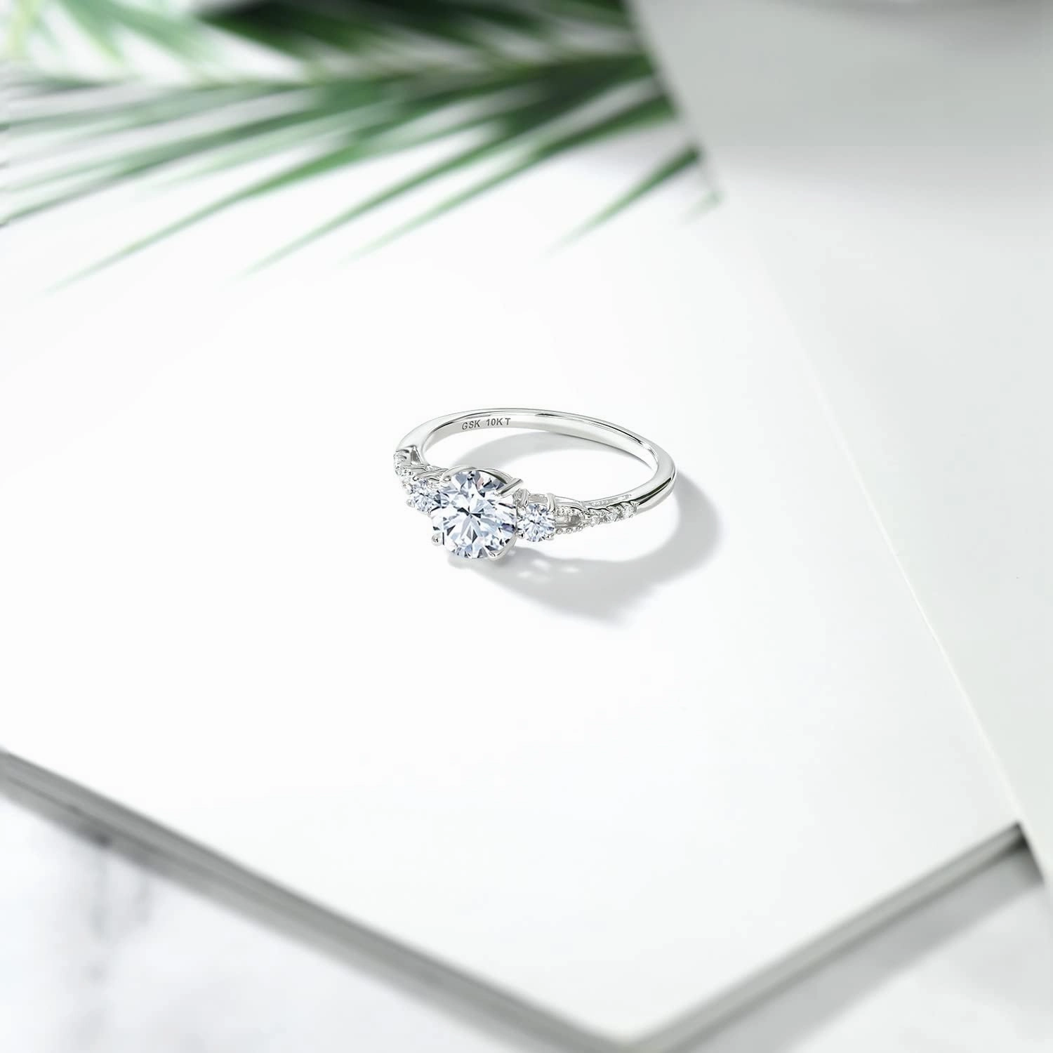 Gem Stone King 10K White Gold White Created Sapphire and White Diamond Accent 3-Stone Engagement Ring For Women (1.14 Cttw, Round 6MM, Gemstone September Birthstone)