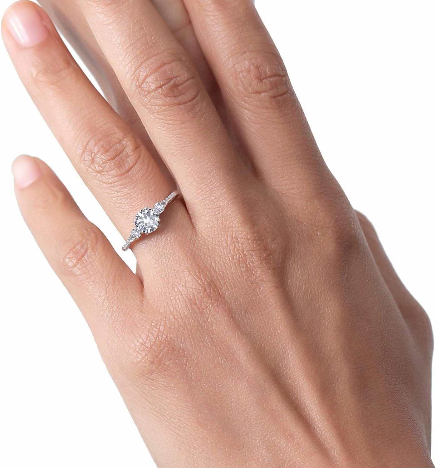 Gem Stone King 10K White Gold White Created Sapphire and White Diamond Accent 3-Stone Engagement Ring For Women (1.14 Cttw, Round 6MM, Gemstone September Birthstone)