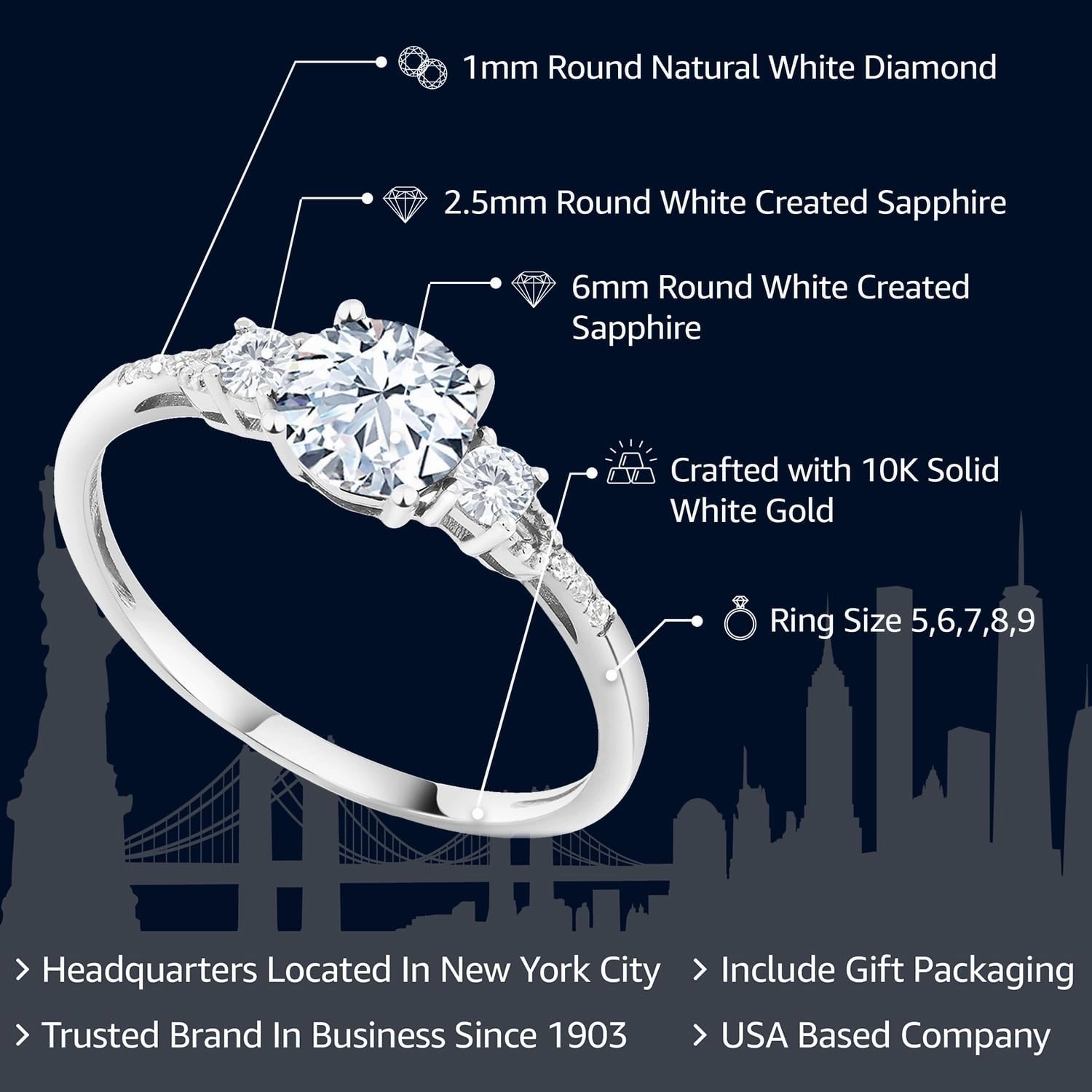 Gem Stone King 10K White Gold White Created Sapphire and White Diamond Accent 3-Stone Engagement Ring For Women (1.14 Cttw, Round 6MM, Gemstone September Birthstone)