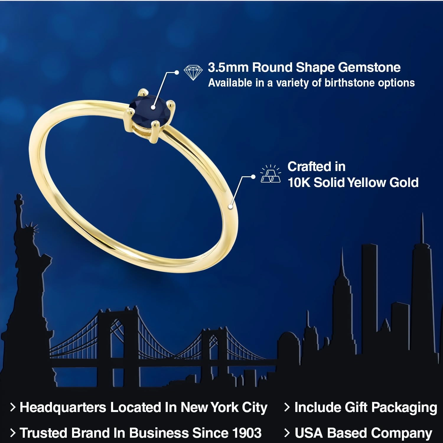 Gem Stone King 10K Yellow Gold Blue Sapphire Solitaire Engagement Ring For Women (0.22 Cttw, Round 3.5MM, Gemstone September Birthstone, Available in Size 5,6,7,8,9)