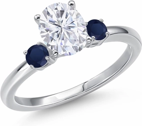 Gem Stone King 14K White Gold White Moissanite and Blue Sapphire Engagement 3-Stone Ring For Women | 1.80 Cttw | Oval 8X6MM and Round 3MM | Gemstone Birthstone | Available in Size 5,6,7,8,9