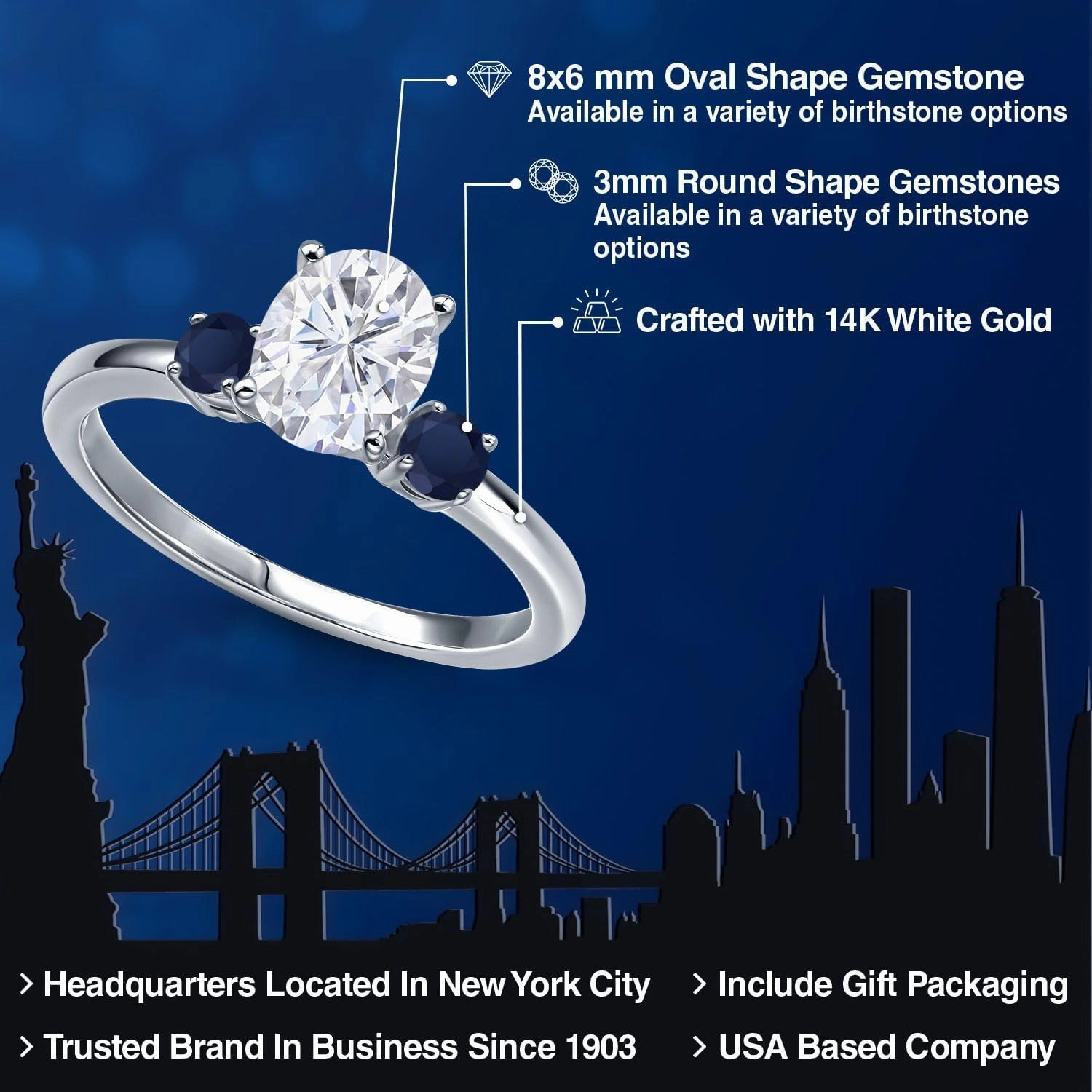 Gem Stone King 14K White Gold White Moissanite and Blue Sapphire Engagement 3-Stone Ring For Women | 1.80 Cttw | Oval 8X6MM and Round 3MM | Gemstone Birthstone | Available in Size 5,6,7,8,9