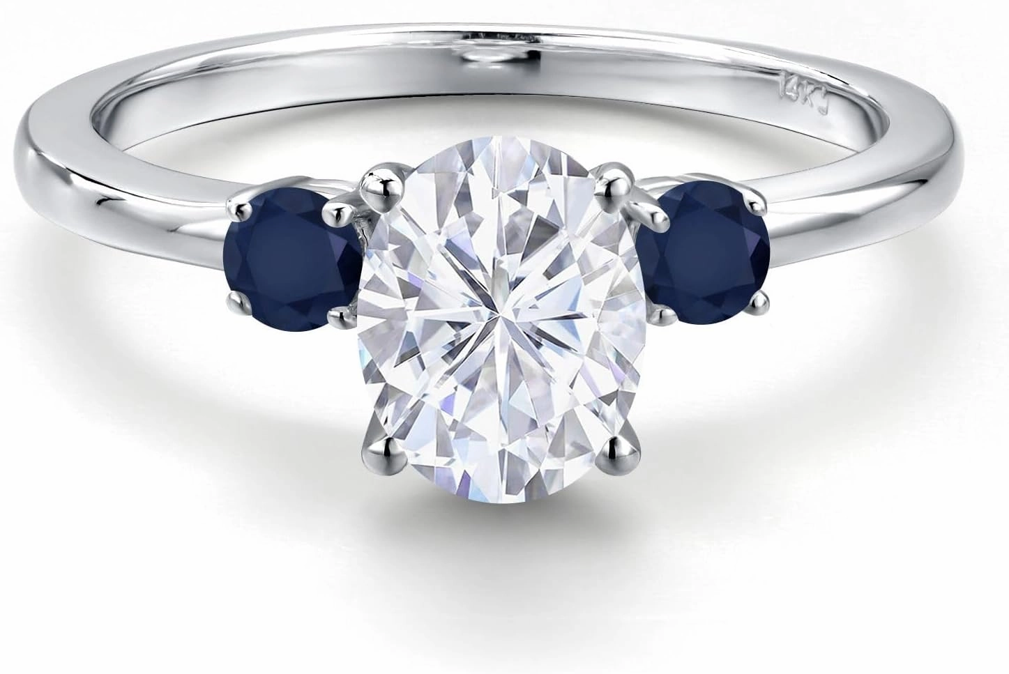 Gem Stone King 14K White Gold White Moissanite and Blue Sapphire Engagement 3-Stone Ring For Women | 1.80 Cttw | Oval 8X6MM and Round 3MM | Gemstone Birthstone | Available in Size 5,6,7,8,9