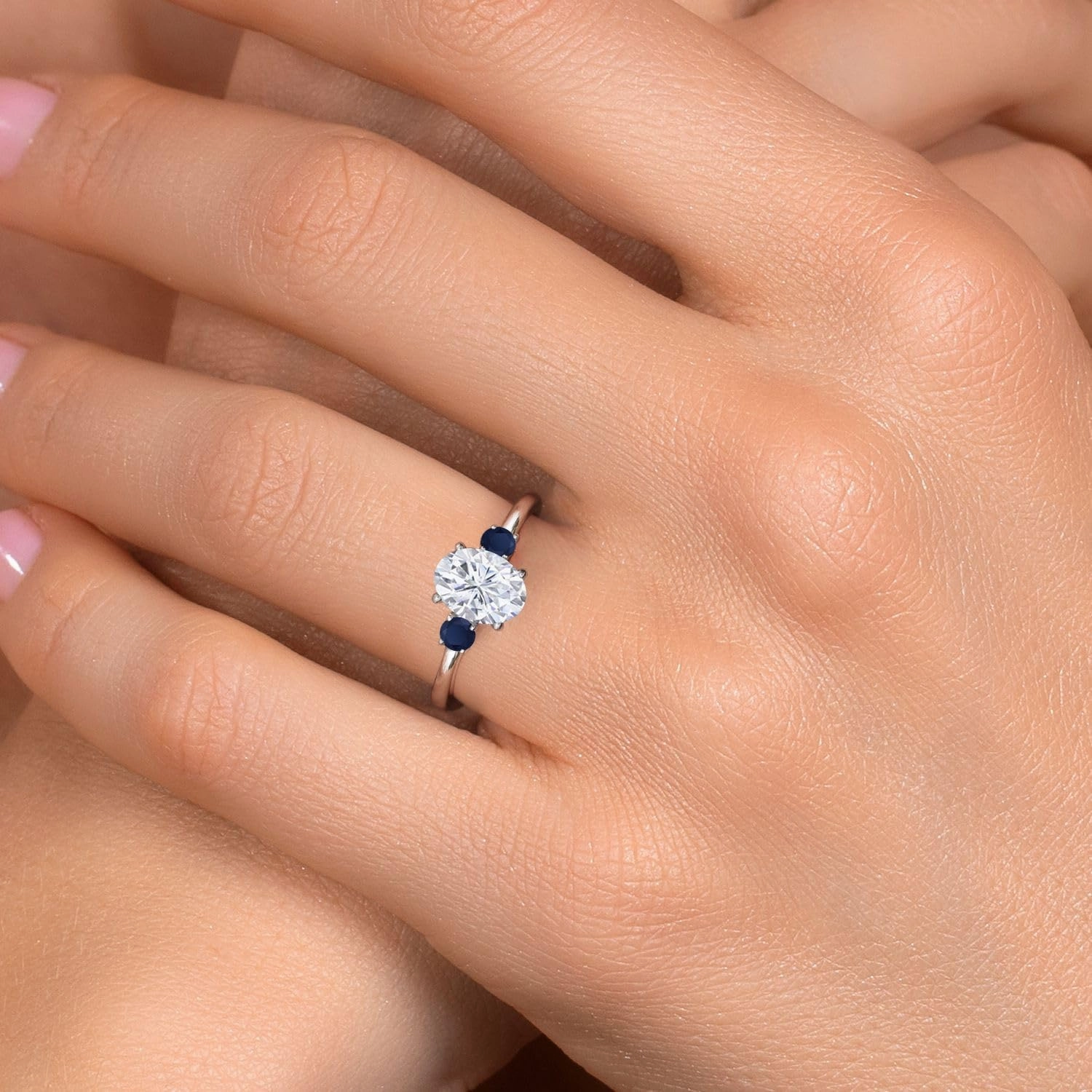 Gem Stone King 14K White Gold White Moissanite and Blue Sapphire Engagement 3-Stone Ring For Women | 1.80 Cttw | Oval 8X6MM and Round 3MM | Gemstone Birthstone | Available in Size 5,6,7,8,9