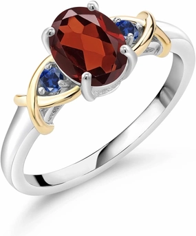Gem Stone King 925 Sterling Silver and 10K Yellow Gold Red Garnet Blue Created Sapphire Ring For Women (1.59 Cttw, Gemstone Birthstone, Available In Size 5, 6, 7, 8, 9)