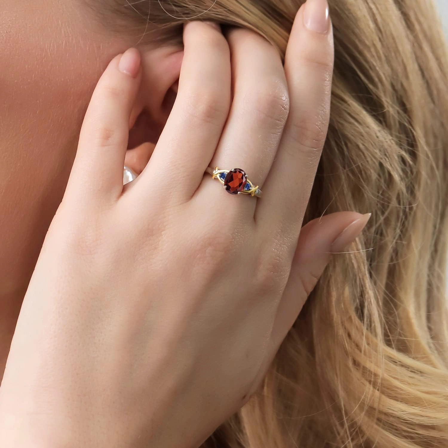 Gem Stone King 925 Sterling Silver and 10K Yellow Gold Red Garnet Blue Created Sapphire Ring For Women (1.59 Cttw, Gemstone Birthstone, Available In Size 5, 6, 7, 8, 9)