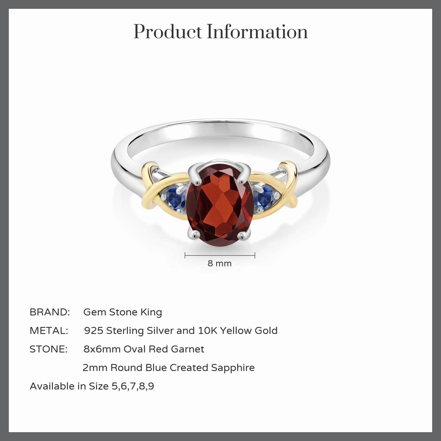 Gem Stone King 925 Sterling Silver and 10K Yellow Gold Red Garnet Blue Created Sapphire Ring For Women (1.59 Cttw, Gemstone Birthstone, Available In Size 5, 6, 7, 8, 9)