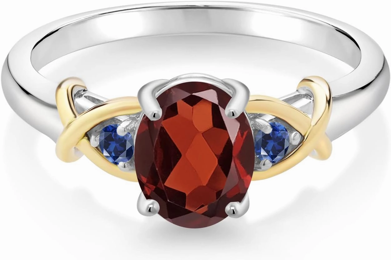 Gem Stone King 925 Sterling Silver and 10K Yellow Gold Red Garnet Blue Created Sapphire Ring For Women (1.59 Cttw, Gemstone Birthstone, Available In Size 5, 6, 7, 8, 9)