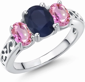 Gem Stone King 925 Sterling Silver Blue Sapphire and Pink Sapphire Filigree Style 3 Stone Ring for Women (3.00 Cttw, Oval 8X6MM and 6X4MM, Available in Size 5, 6, 7, 8, 9)