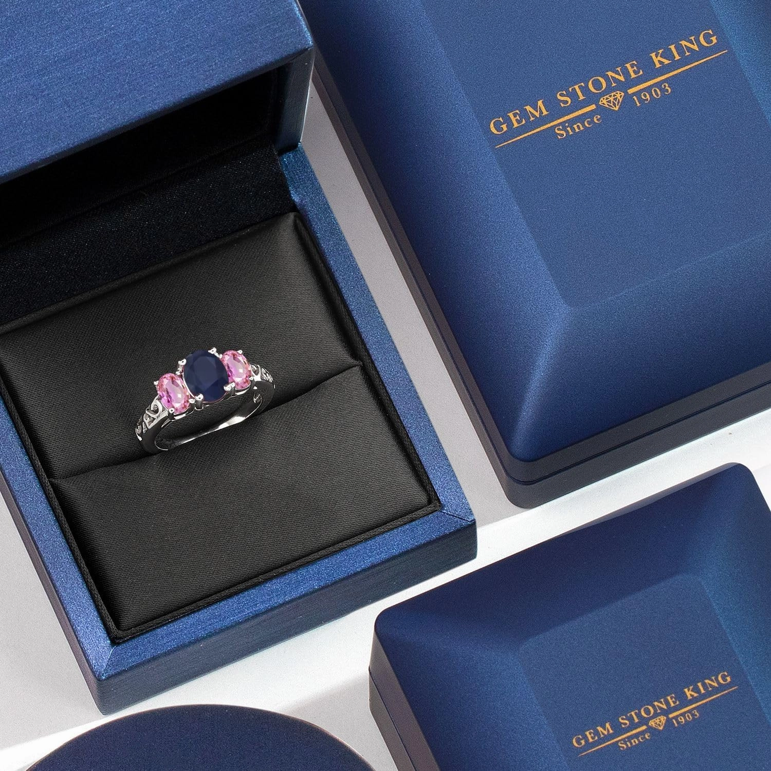 Gem Stone King 925 Sterling Silver Blue Sapphire and Pink Sapphire Filigree Style 3 Stone Ring for Women (3.00 Cttw, Oval 8X6MM and 6X4MM, Available in Size 5, 6, 7, 8, 9)