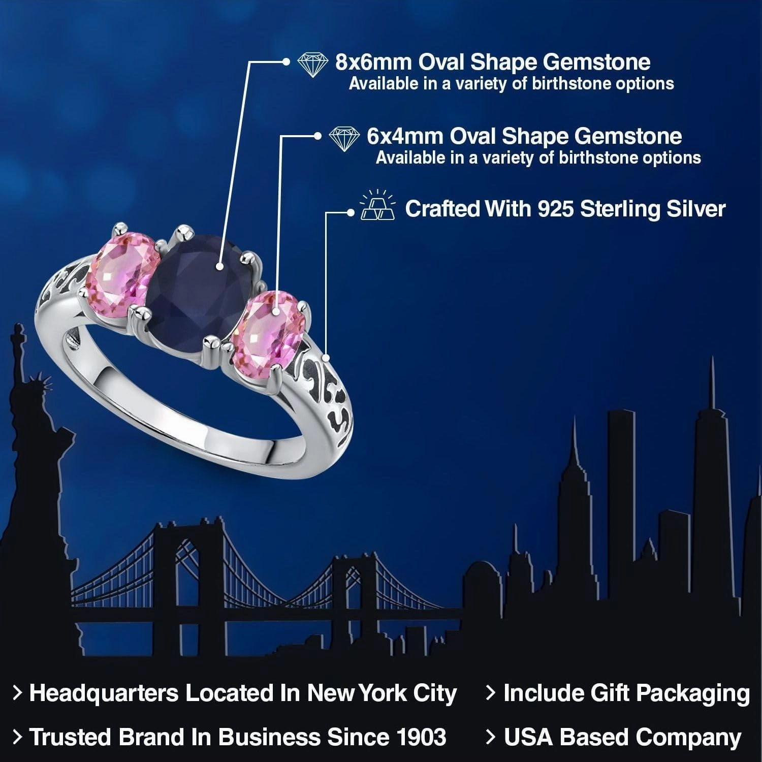 Gem Stone King 925 Sterling Silver Blue Sapphire and Pink Sapphire Filigree Style 3 Stone Ring for Women (3.00 Cttw, Oval 8X6MM and 6X4MM, Available in Size 5, 6, 7, 8, 9)