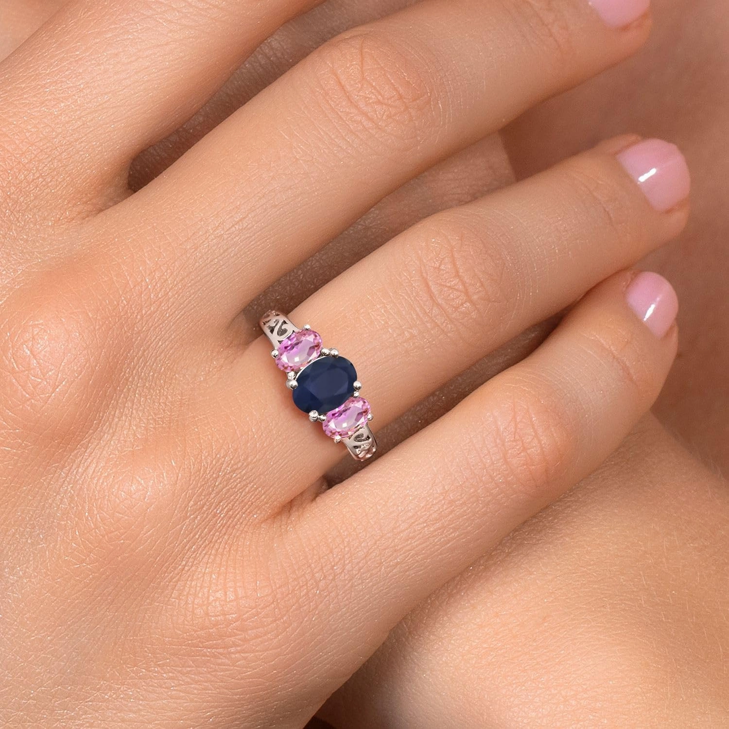 Gem Stone King 925 Sterling Silver Blue Sapphire and Pink Sapphire Filigree Style 3 Stone Ring for Women (3.00 Cttw, Oval 8X6MM and 6X4MM, Available in Size 5, 6, 7, 8, 9)
