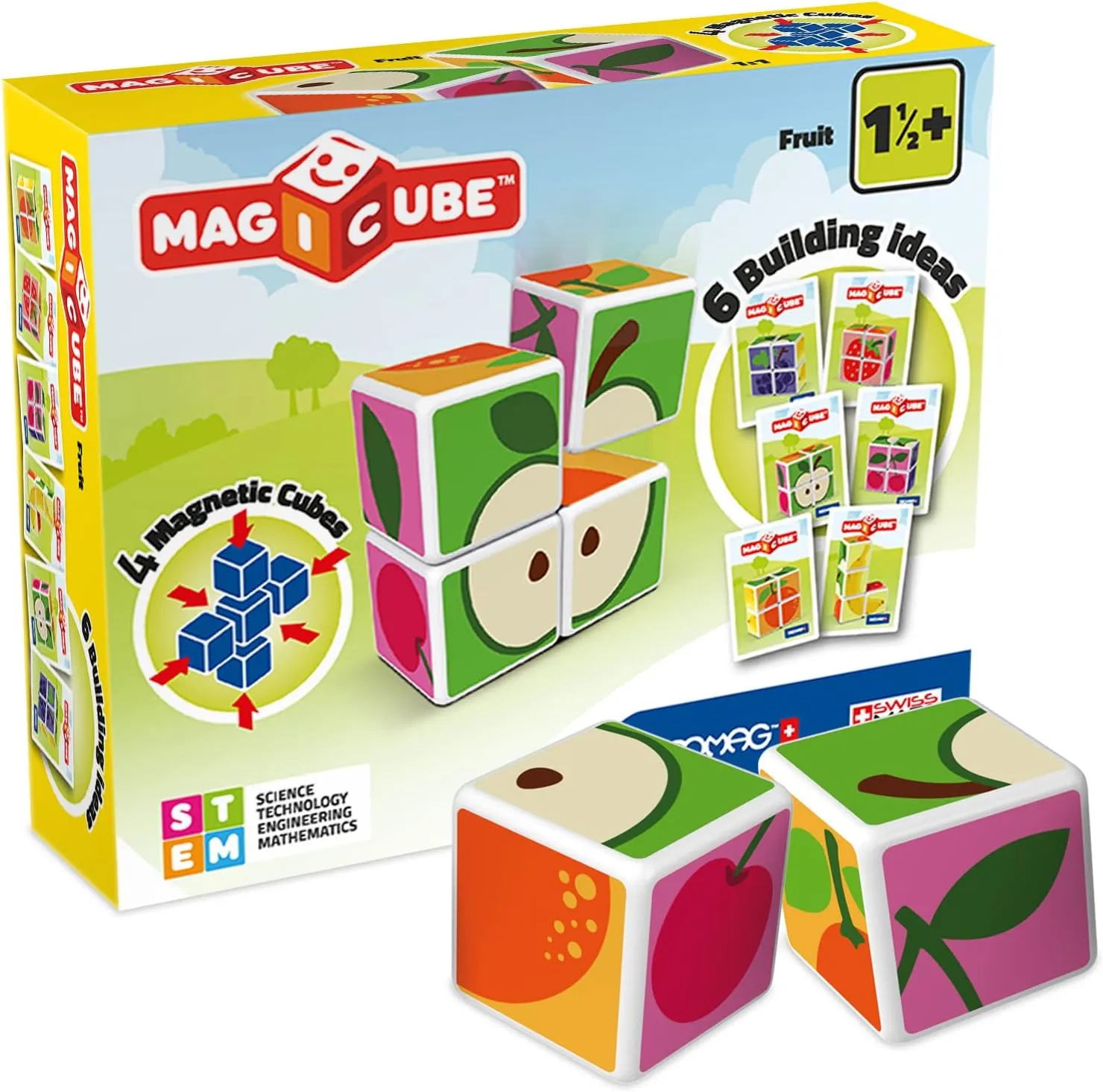 GEOMAG MagiCube Fruit 4-Piece Magnetic Cubes Building Set, Toddlers & Kids Ages 1.5 , STEM-Endorsed Educational Toy, Swiss-Made, Creativity & Early Learning Fun, 6 Adorable Building Ideas