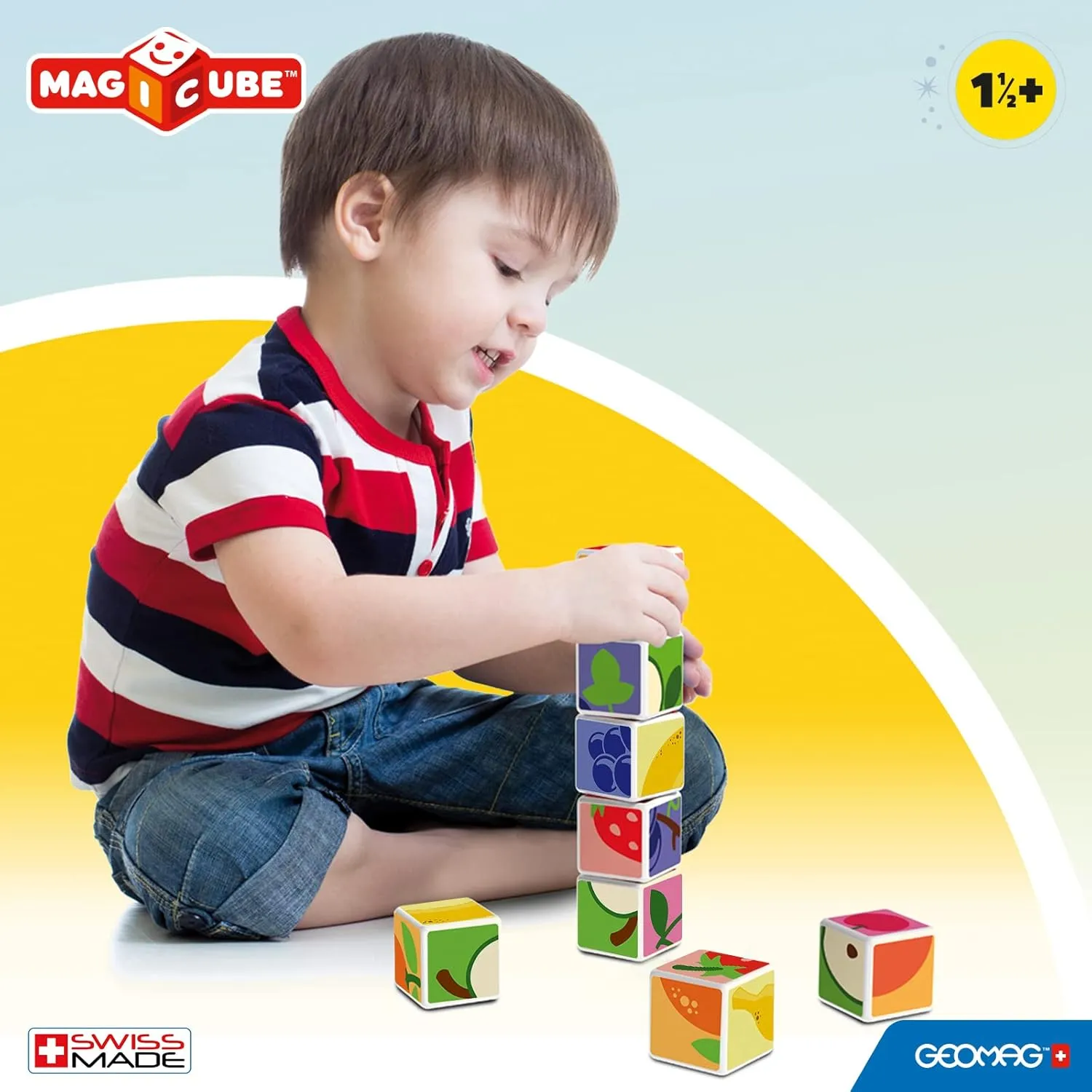 GEOMAG MagiCube Fruit 4-Piece Magnetic Cubes Building Set, Toddlers & Kids Ages 1.5 , STEM-Endorsed Educational Toy, Swiss-Made, Creativity & Early Learning Fun, 6 Adorable Building Ideas