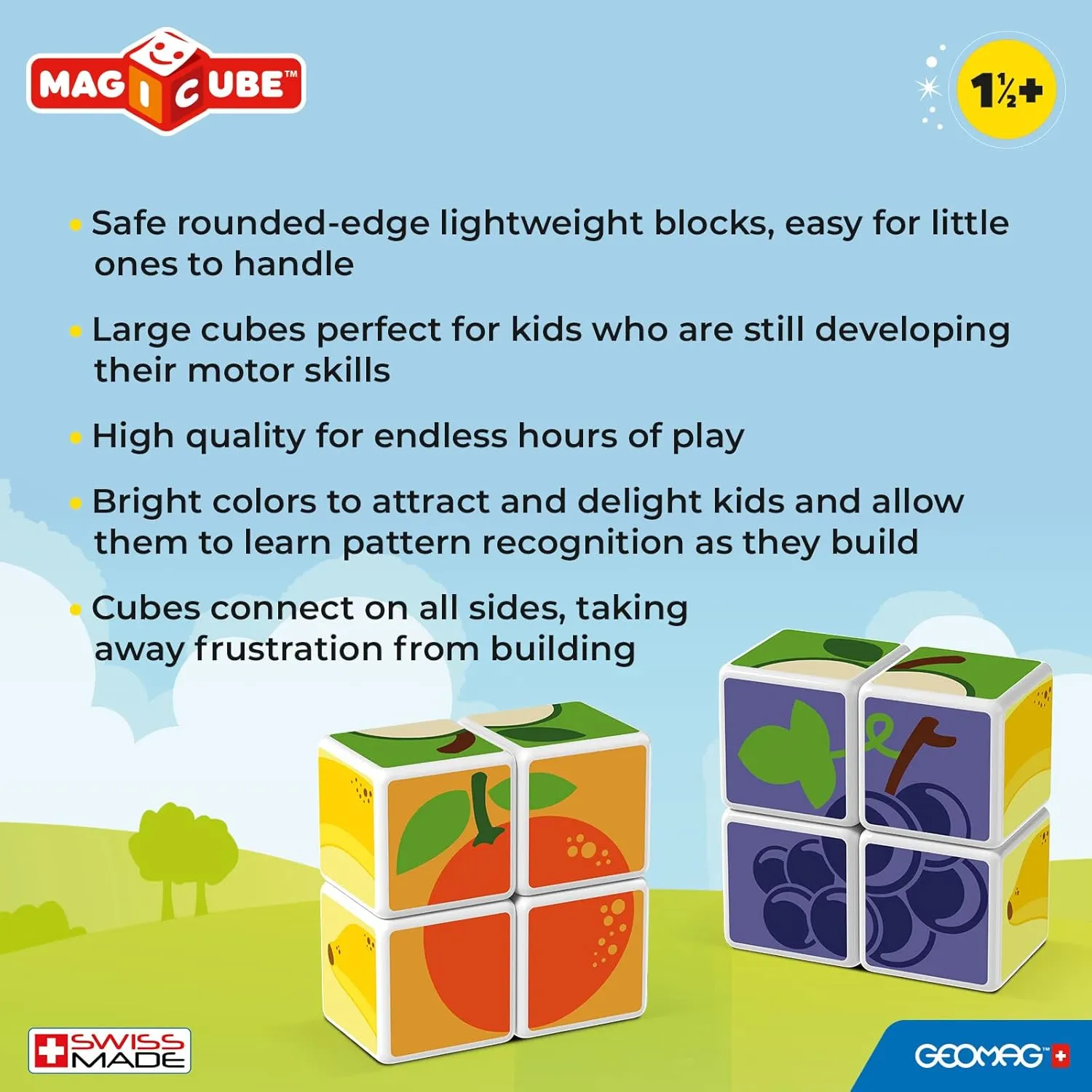 GEOMAG MagiCube Fruit 4-Piece Magnetic Cubes Building Set, Toddlers & Kids Ages 1.5 , STEM-Endorsed Educational Toy, Swiss-Made, Creativity & Early Learning Fun, 6 Adorable Building Ideas