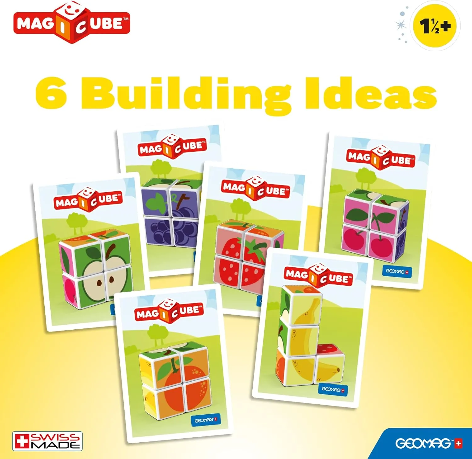 GEOMAG MagiCube Fruit 4-Piece Magnetic Cubes Building Set, Toddlers & Kids Ages 1.5 , STEM-Endorsed Educational Toy, Swiss-Made, Creativity & Early Learning Fun, 6 Adorable Building Ideas