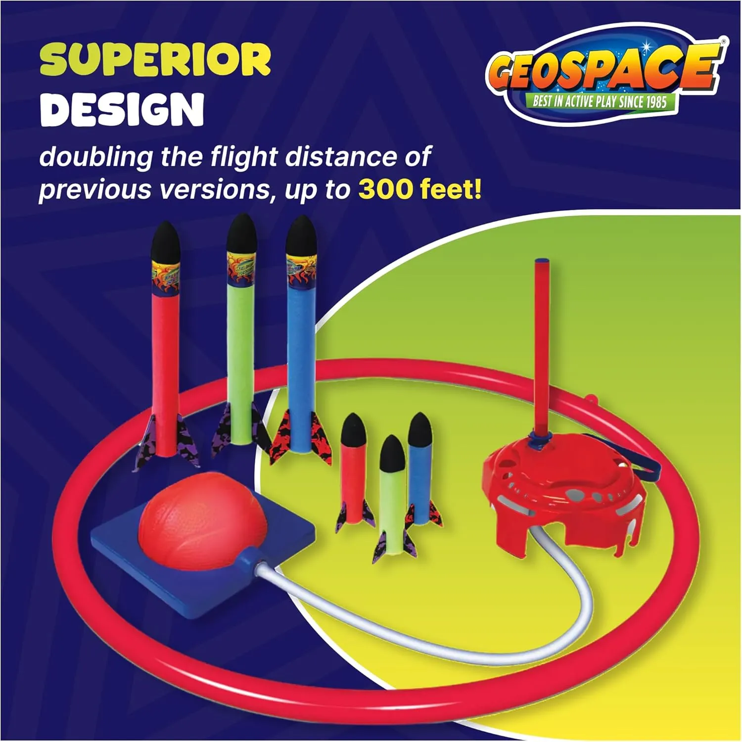 Geospace Jump Rocket Deluxe Size Set Single Pump – 6 Flying Foam Rockets Outdoor Toys for Kids, Boys & Girls – Stomper Rocket Set – Leg Powered Stomper Rockets Toy - Cool Toys for Fun