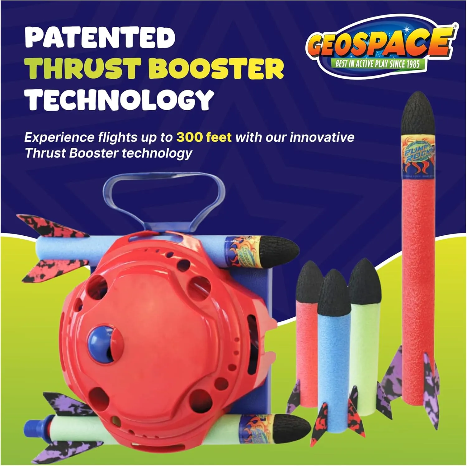 Geospace Jump Rocket Deluxe Size Set Single Pump – 6 Flying Foam Rockets Outdoor Toys for Kids, Boys & Girls – Stomper Rocket Set – Leg Powered Stomper Rockets Toy - Cool Toys for Fun