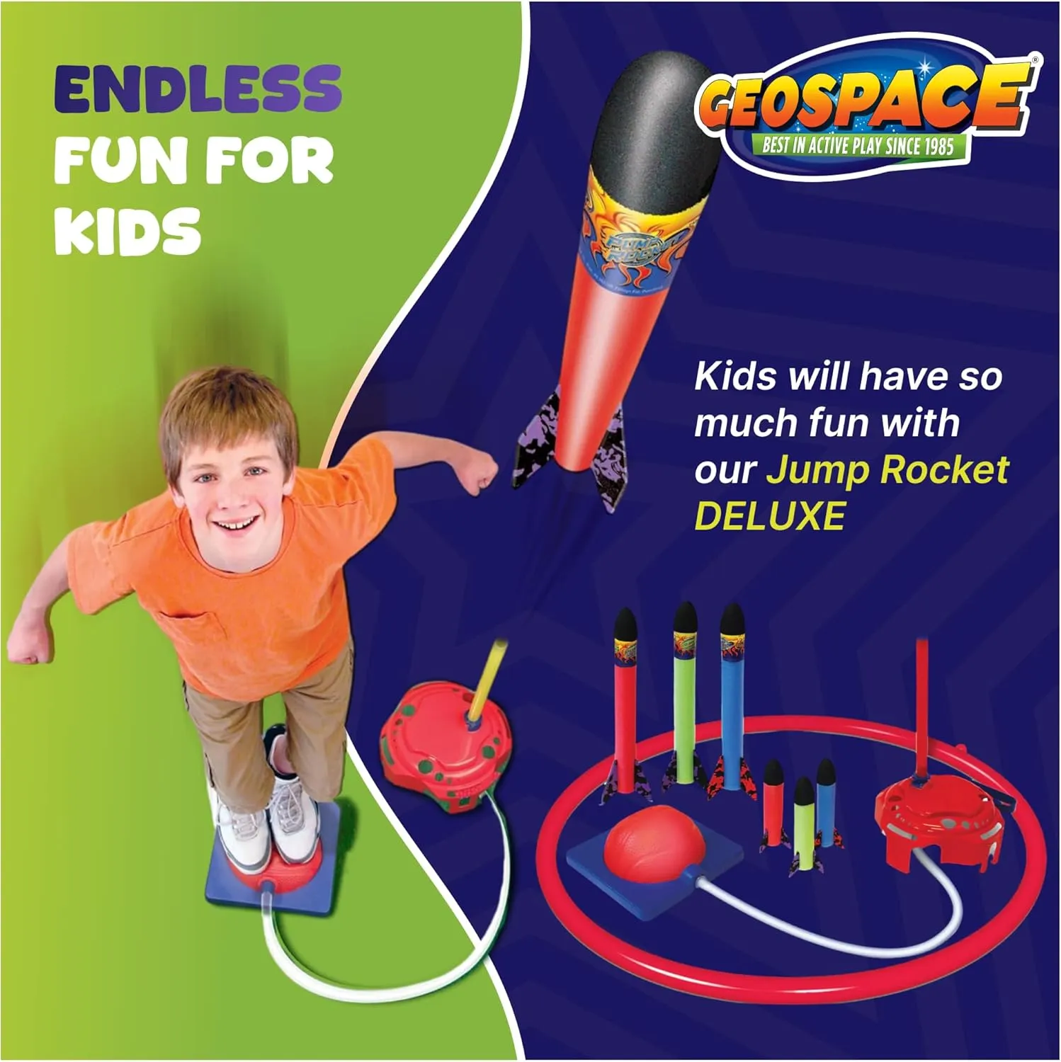 Geospace Jump Rocket Deluxe Size Set Single Pump – 6 Flying Foam Rockets Outdoor Toys for Kids, Boys & Girls – Stomper Rocket Set – Leg Powered Stomper Rockets Toy - Cool Toys for Fun
