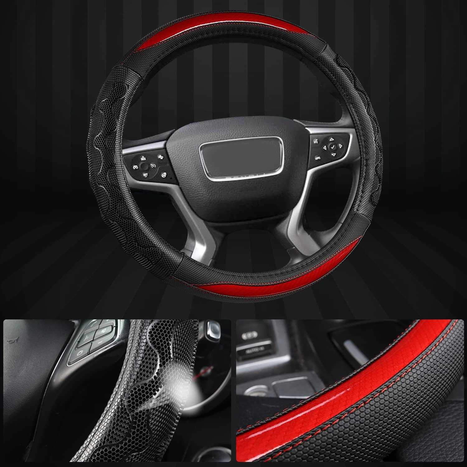 GIANT PANDA Steering Wheel Cover for GMC Sierra Acadia Terrain Yukon(3D Honeycomb-Red-Standard Size)