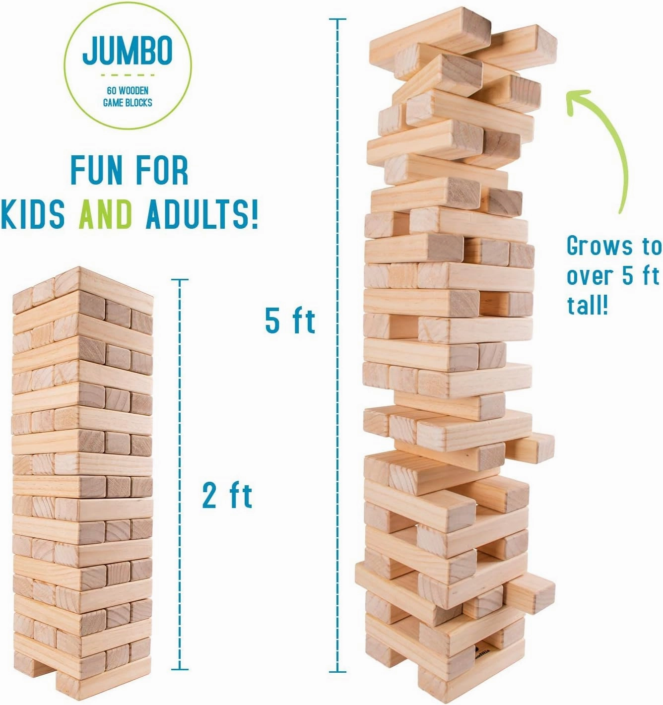Giantville Giant Tumbling Timber Toy - Premium Pine Wood Life-Size Blocks Tower - Big Floor/Board Indoor/Outdoor Yard Game for Kids & Adults - 60-Pieces   Storage Crate/Platform - Grows to Over 5-Feet