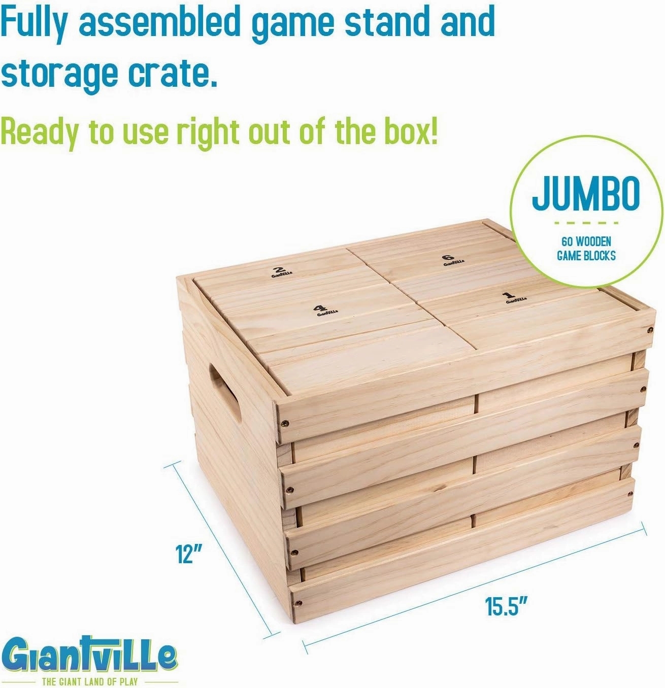 Giantville Giant Tumbling Timber Toy - Premium Pine Wood Life-Size Blocks Tower - Big Floor/Board Indoor/Outdoor Yard Game for Kids & Adults - 60-Pieces   Storage Crate/Platform - Grows to Over 5-Feet