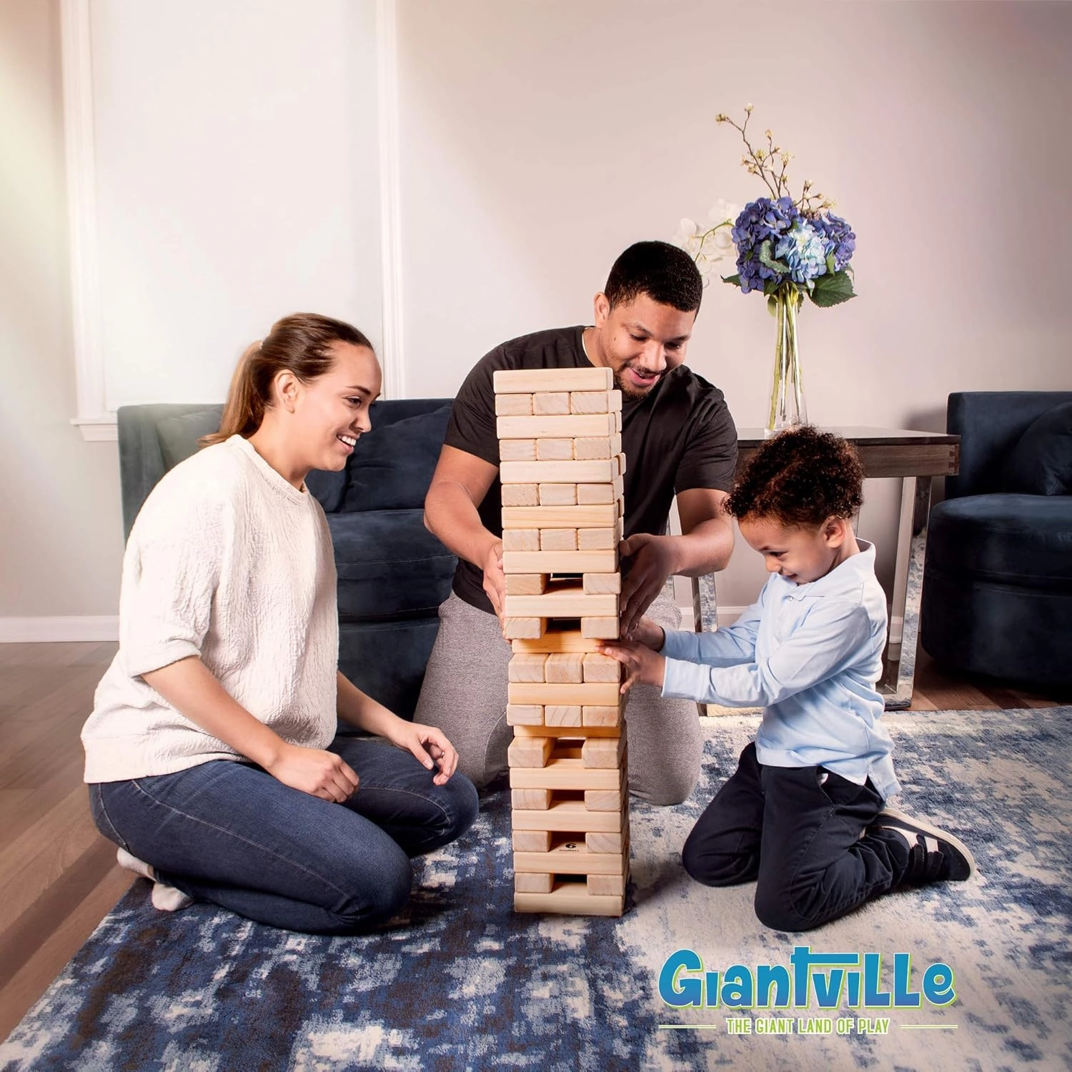Giantville Giant Tumbling Timber Toy - Premium Pine Wood Life-Size Blocks Tower - Big Floor/Board Indoor/Outdoor Yard Game for Kids & Adults - 60-Pieces   Storage Crate/Platform - Grows to Over 5-Feet