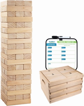 Giantville Giant Tumbling Timber Toy - Premium Pine Wood Life-Size Blocks Tower - Big Floor/Board Indoor/Outdoor Yard Game for Kids & Adults - 60-Pieces   Storage Crate/Platform - Grows to Over 5-Feet