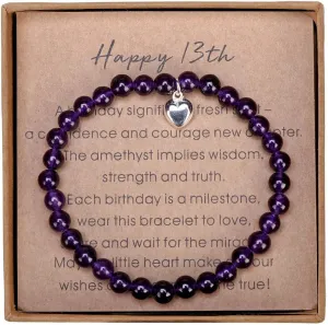 Gifts for 13 Year Old Amethyst Bead Bracelet with Sterling Silver Heart Charm 13th Birthday Gifts with Card and Gift Box