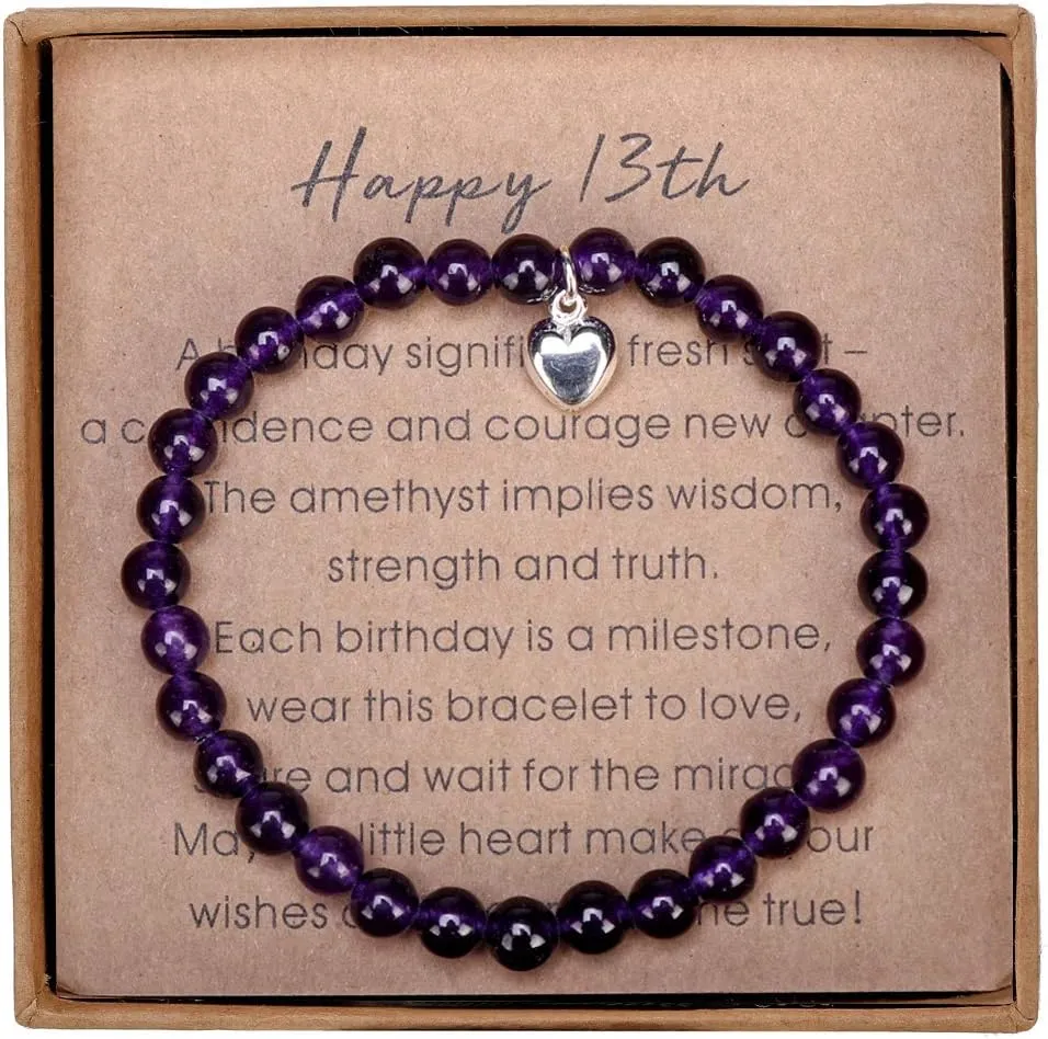 Gifts for 13 Year Old Amethyst Bead Bracelet with Sterling Silver Heart Charm 13th Birthday Gifts with Card and Gift Box
