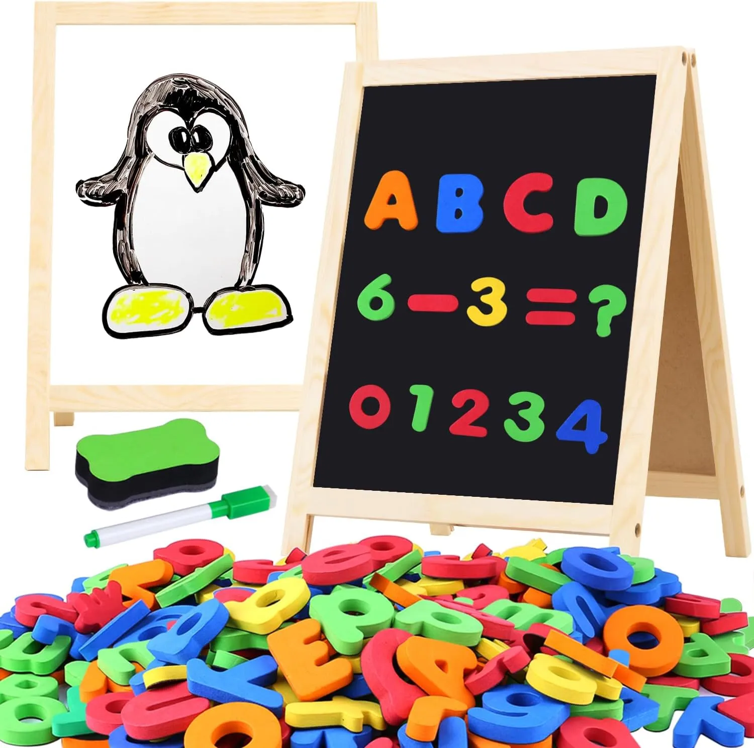 GINMIC Magnetic Letters and Numbers with Easel for Kids/Toddlers, Magnetic Whiteboard & Chalkboard w/Dry Erase Markers, ABC Magnets Alphabet Letters Learning Set, Classroom Home Education Toys