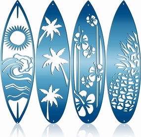 Gisafai 4 Pieces Metal Surf Board Wall Decor Summer Metal Surfboard Beach Signs Hawaiian Decorative Surfboard Tropical Hibiscus Flower Palm Tree Pineapple Surfboard for Wall Door, Blue (Classic)