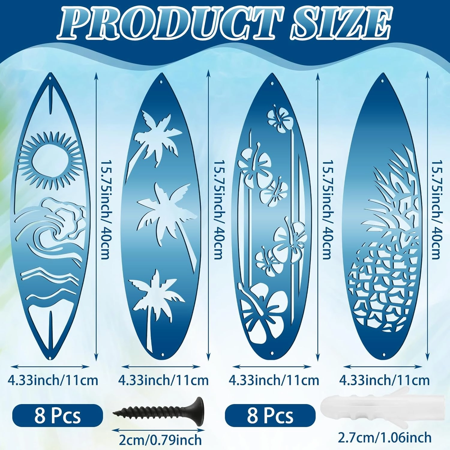 Gisafai 4 Pieces Metal Surf Board Wall Decor Summer Metal Surfboard Beach Signs Hawaiian Decorative Surfboard Tropical Hibiscus Flower Palm Tree Pineapple Surfboard for Wall Door, Blue (Classic)