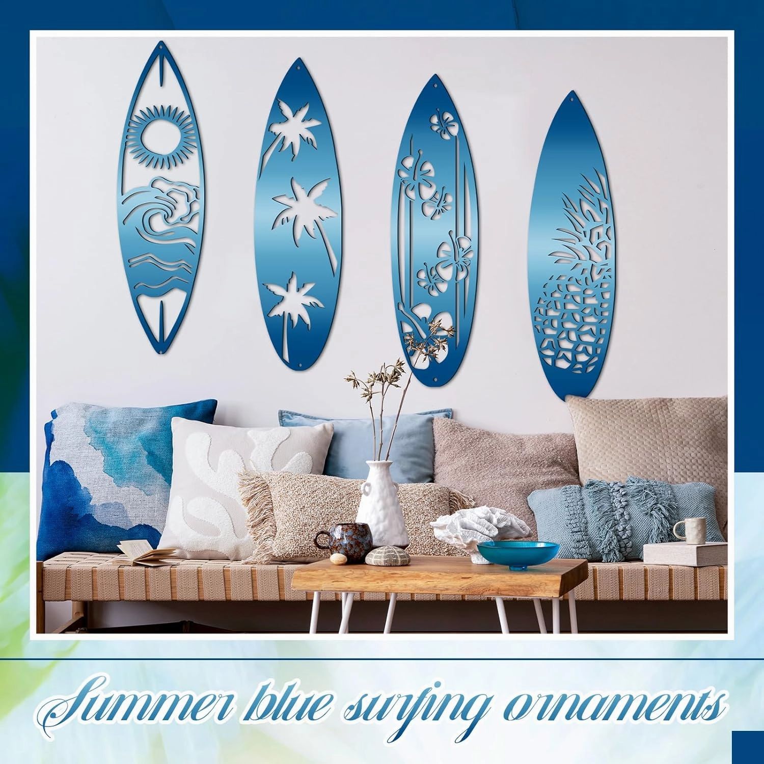Gisafai 4 Pieces Metal Surf Board Wall Decor Summer Metal Surfboard Beach Signs Hawaiian Decorative Surfboard Tropical Hibiscus Flower Palm Tree Pineapple Surfboard for Wall Door, Blue (Classic)